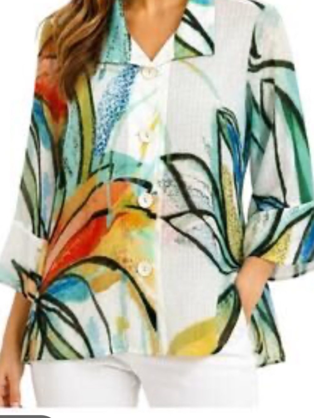 Ali Miles wearable Art White Tropical Print Button-Front tunic top shirt L flowy